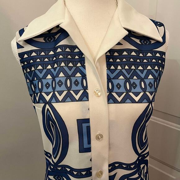 Vintage 70's George Gerring Blue and White Collared Button Down Tank Top Size S - Picture 3 of 3
